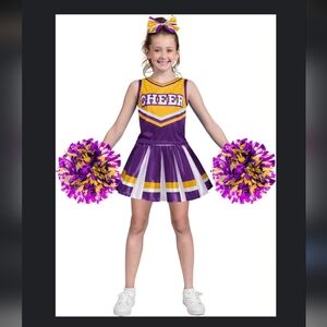 Girls Cheerleader Costume Child Medium Purple Yellow Outfit Pom Poms